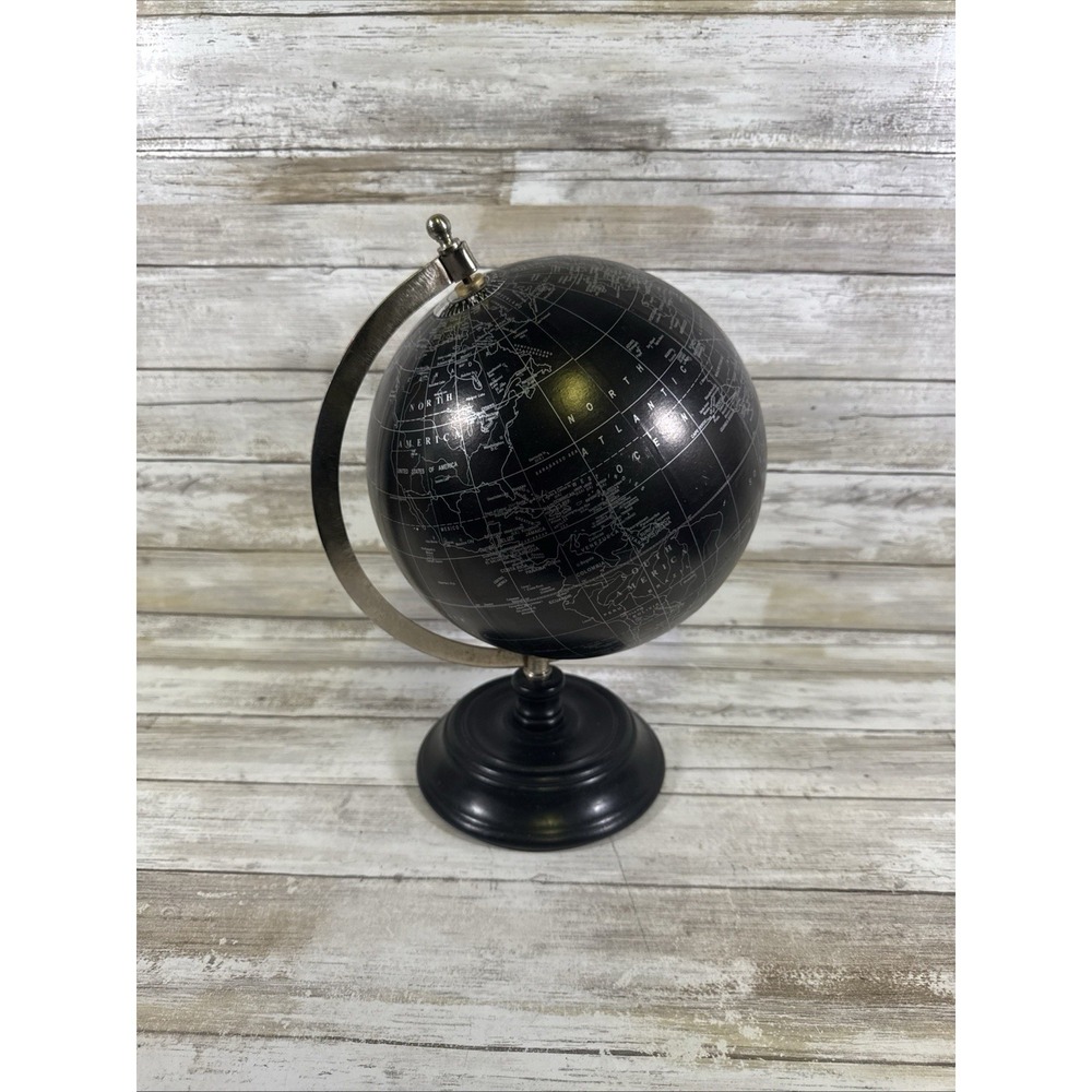 Black and Silver Decorative World Globe 13" Wood Base – Modern Desktop Accent